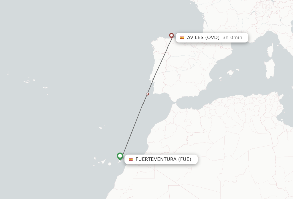 Flights from Puerto del Rosario to Asturias route map