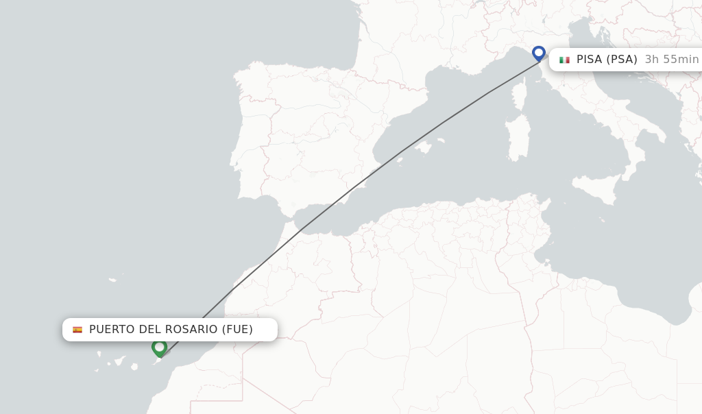 Flights from Puerto del Rosario to Pisa route map