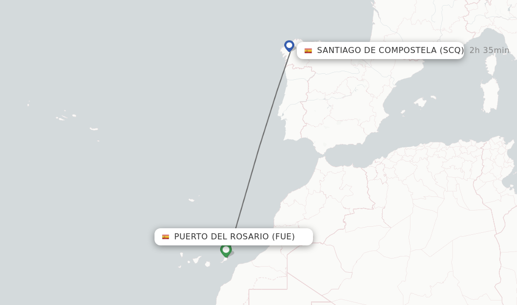 Flights from Puerto del Rosario to Santiago De Compostela route map