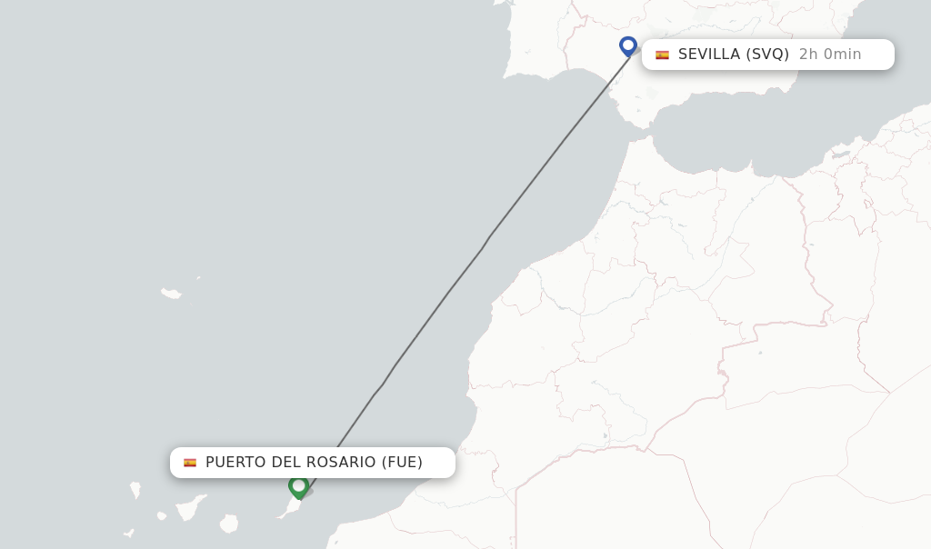 Flights from Puerto del Rosario to Sevilla route map