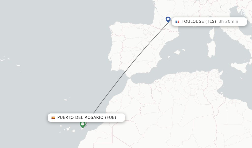 Flights from Puerto del Rosario to Toulouse route map
