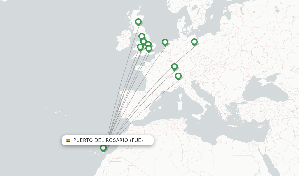Route map with flights from Puerto del Rosario with easyJet