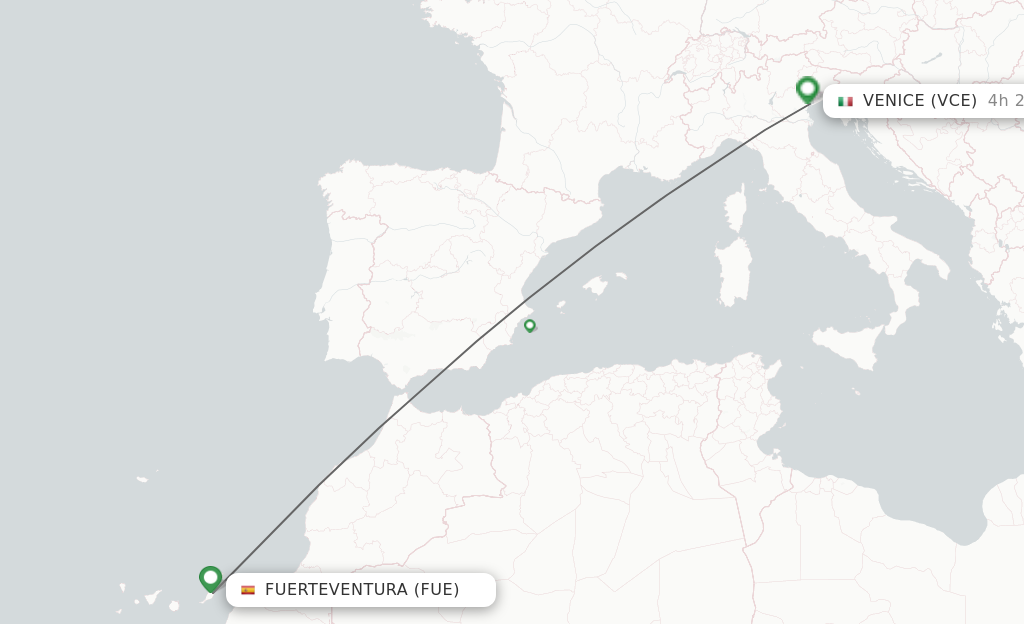 Flights from Puerto del Rosario to Venice route map