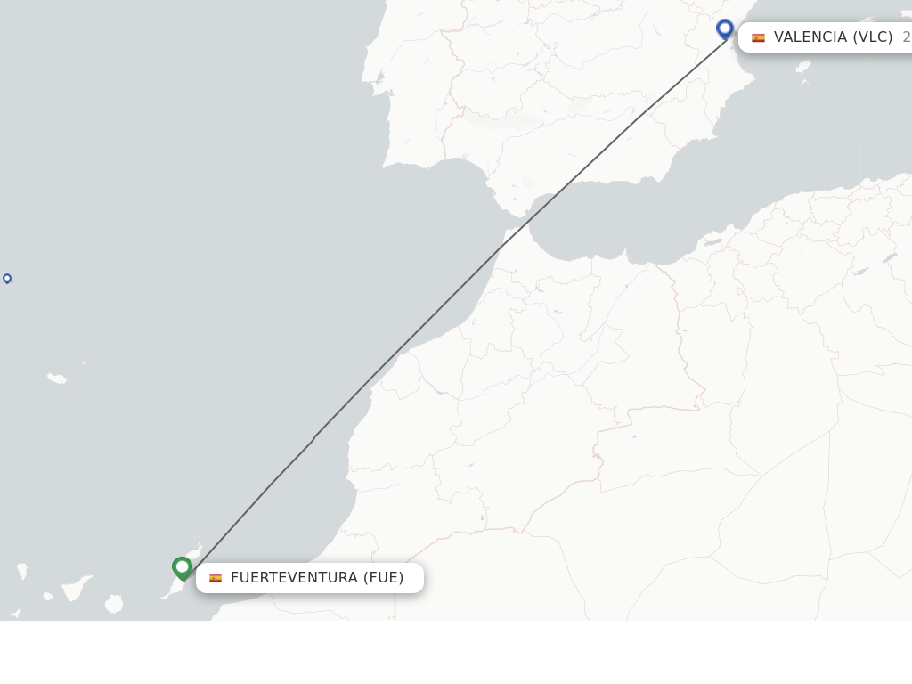 Flights from Puerto del Rosario to Valencia route map