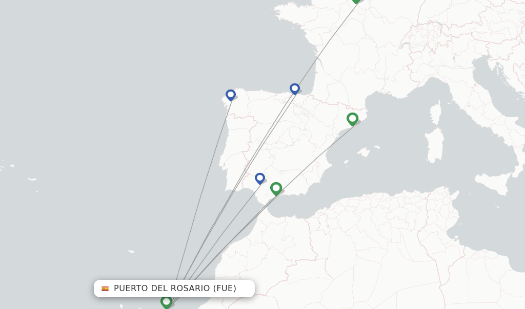 Route map with flights from Puerto del Rosario with Vueling