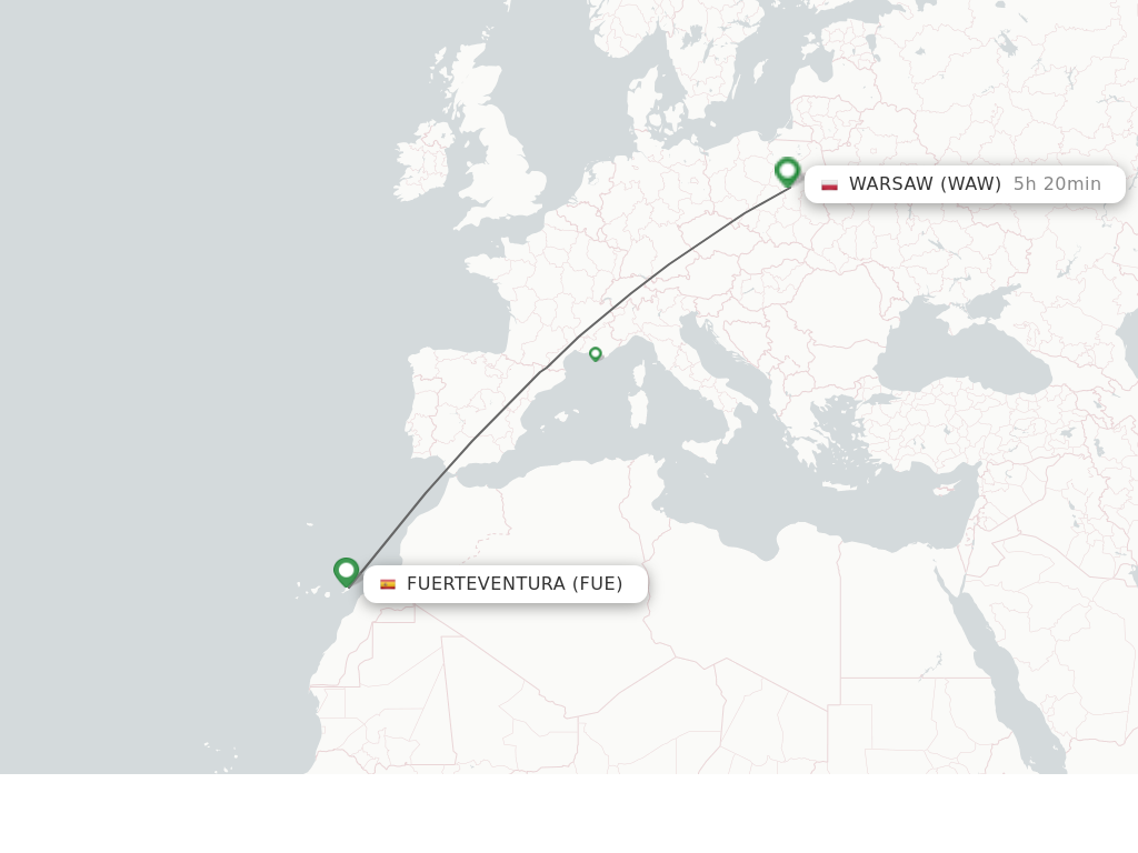 Flights from Puerto del Rosario to Warsaw route map