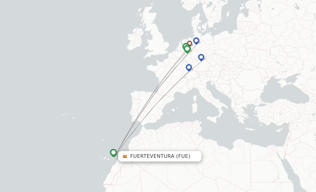 Route map with flights from Puerto del Rosario with Corendon Airlines Europe