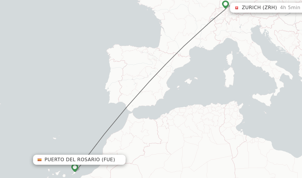 Flights from Puerto del Rosario to Zurich route map