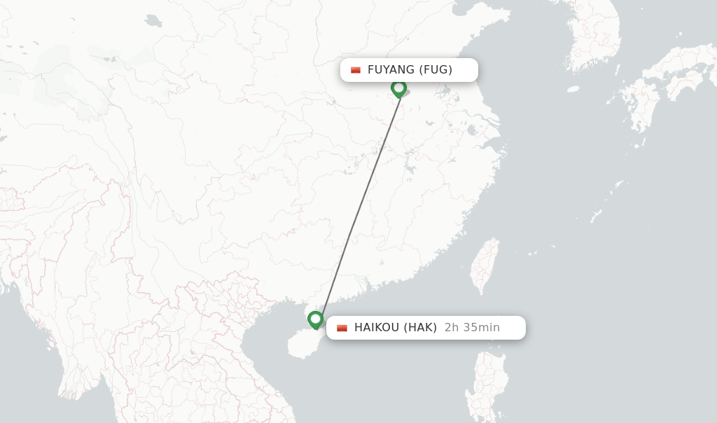 Flights from Fuyang to Haikou route map