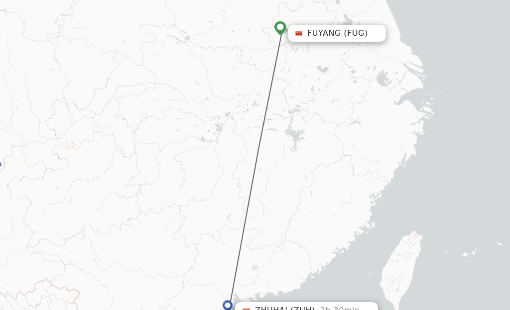 Flights from Fuyang to Zhuhai route map