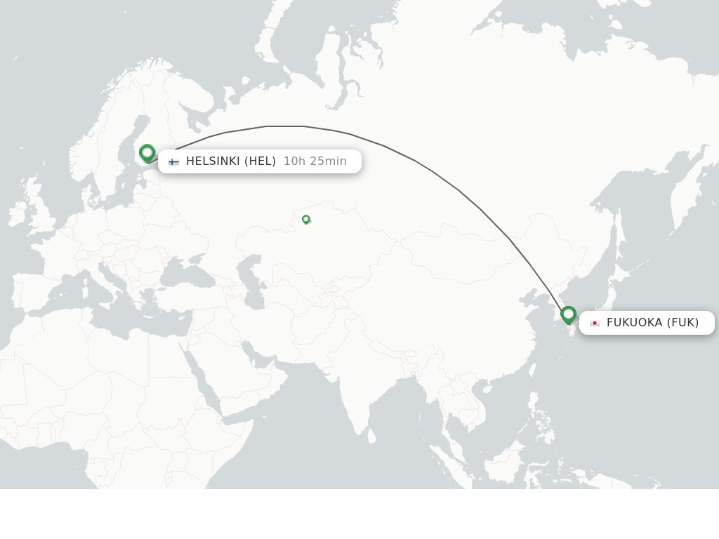 Flights from Fukuoka to Helsinki route map