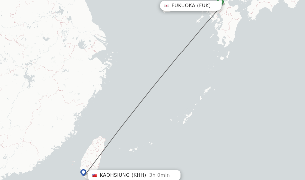 Flights from Fukuoka to Kaohsiung route map