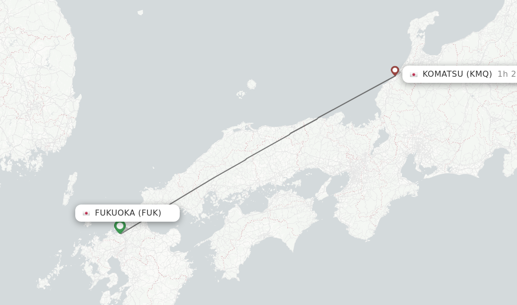 Flights from Fukuoka to Komatsu route map