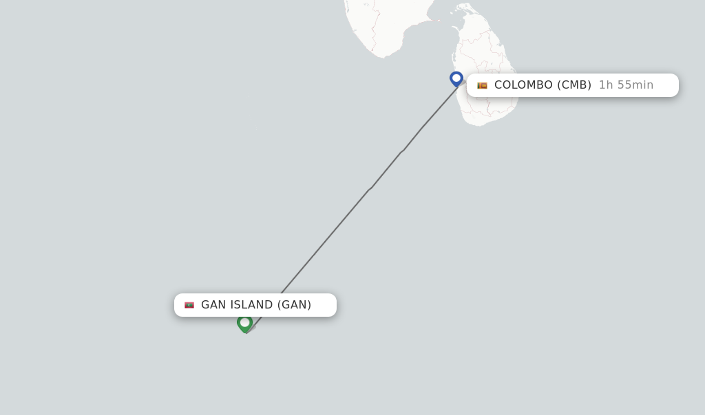 Flights from Gan Island to Colombo route map