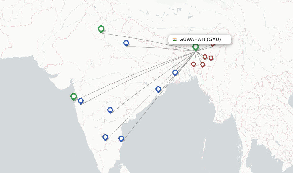 Route map with flights from Guwahati with IndiGo