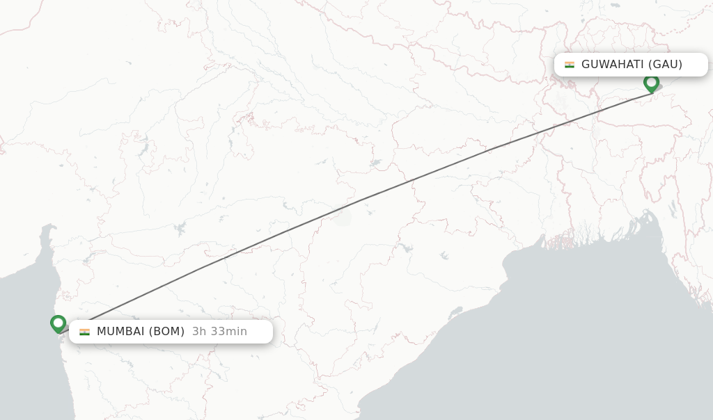 Flights from Guwahati to Mumbai route map
