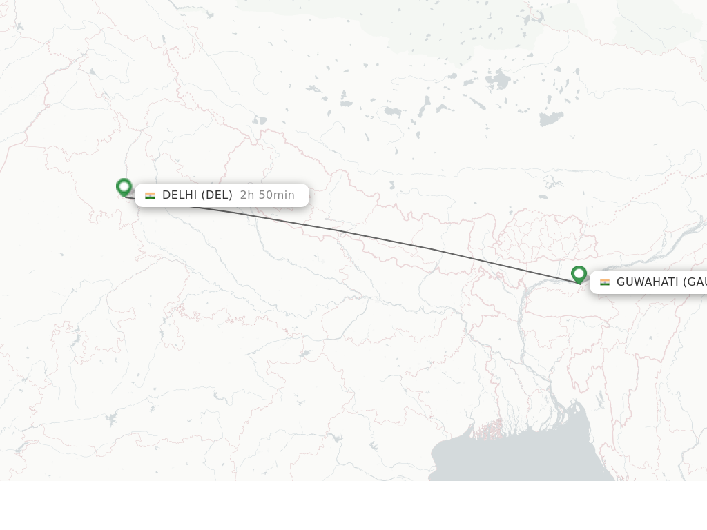 Flights from Guwahati to Delhi route map