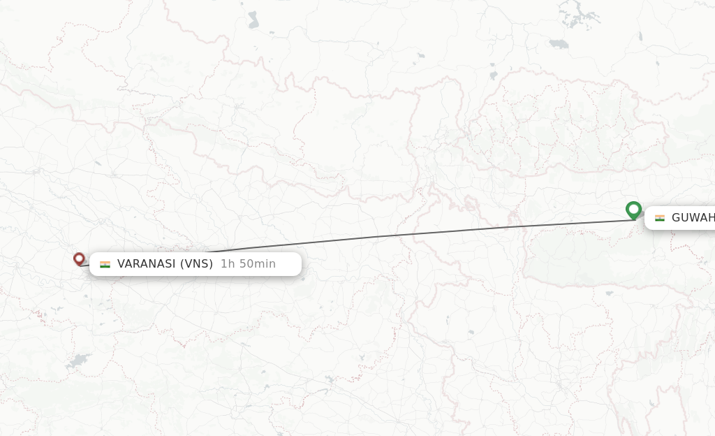 Flights from Guwahati to Varanasi route map