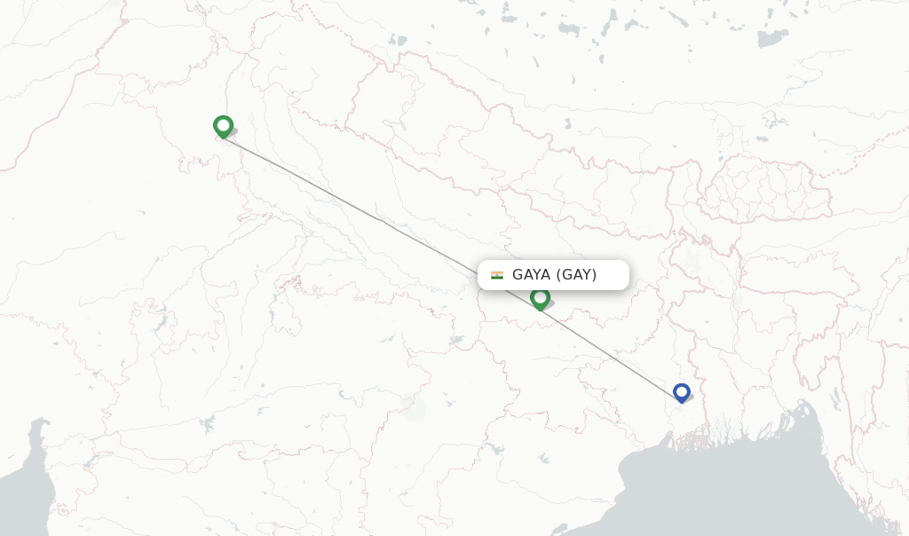 Route map with flights from Gaya with IndiGo