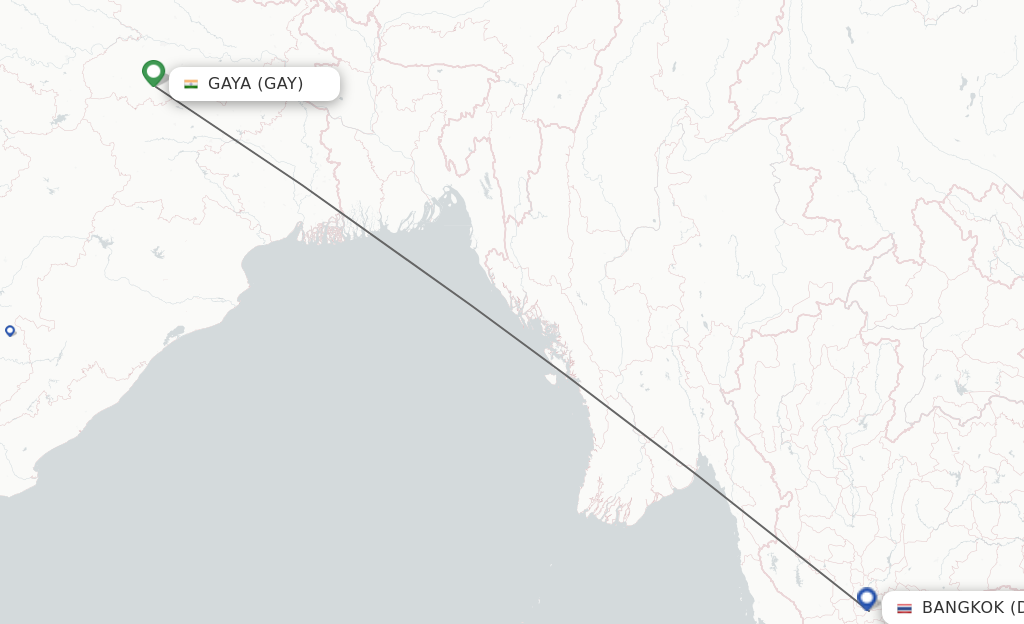 Flights from Gaya to Bangkok route map