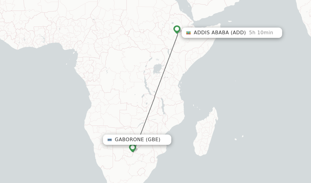 Flights from Gaborone to Addis Ababa route map