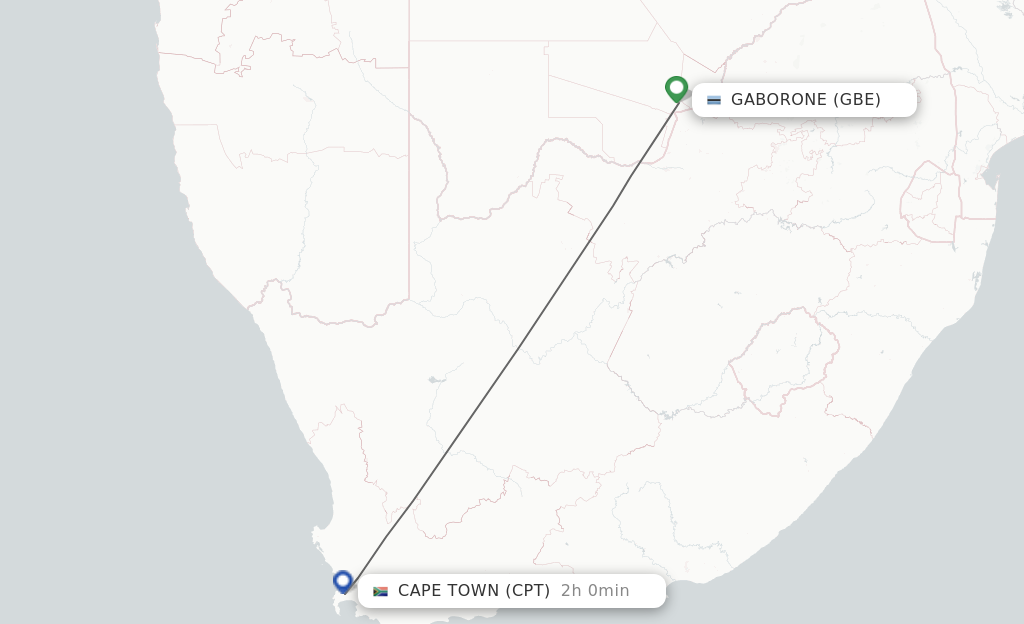 Flights from Gaborone to Cape Town route map