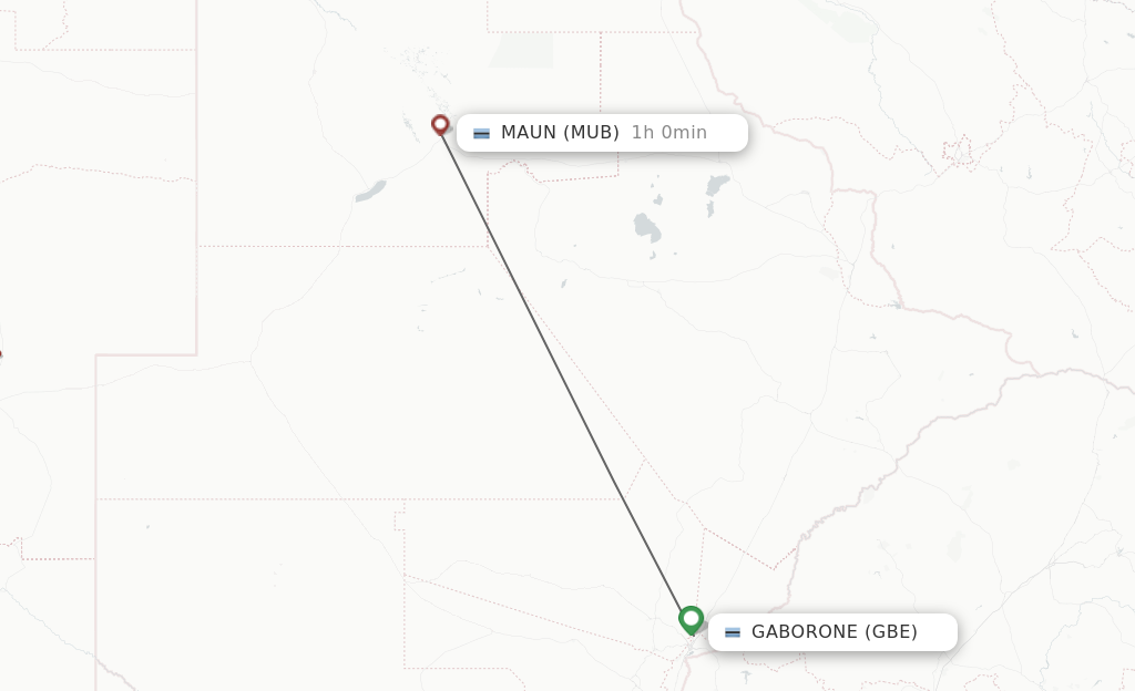Flights from Gaborone to Maun route map