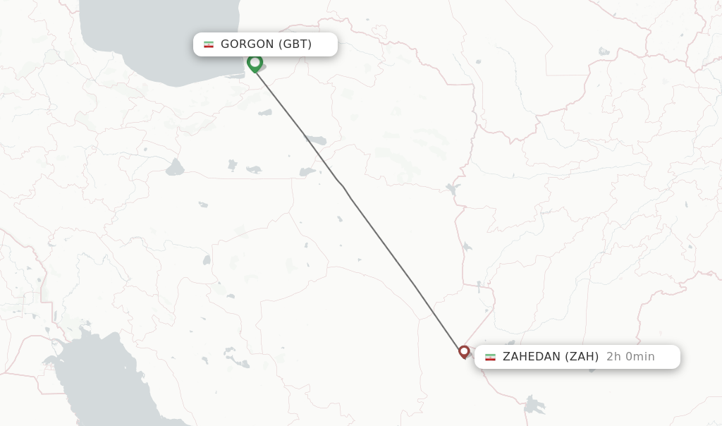 Flights from Gorgon to Zahedan route map