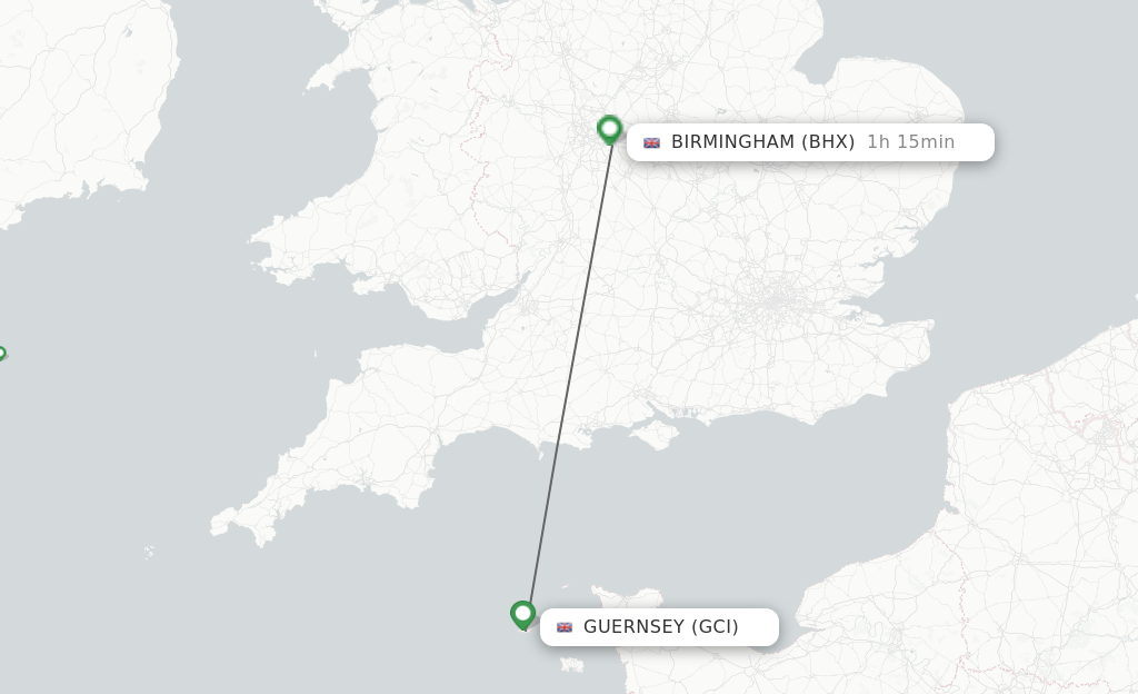 Flights from Guernsey to Birmingham route map