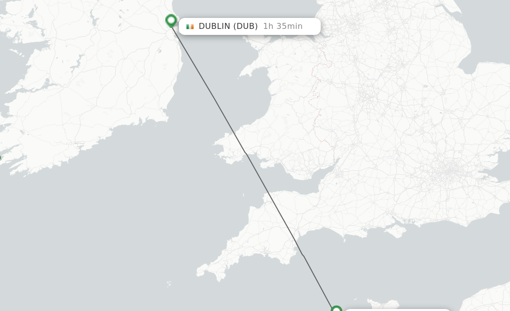 Flights from Guernsey to Dublin route map