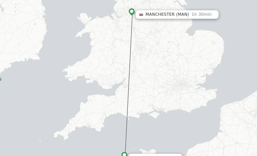 Flights from Guernsey to Manchester route map