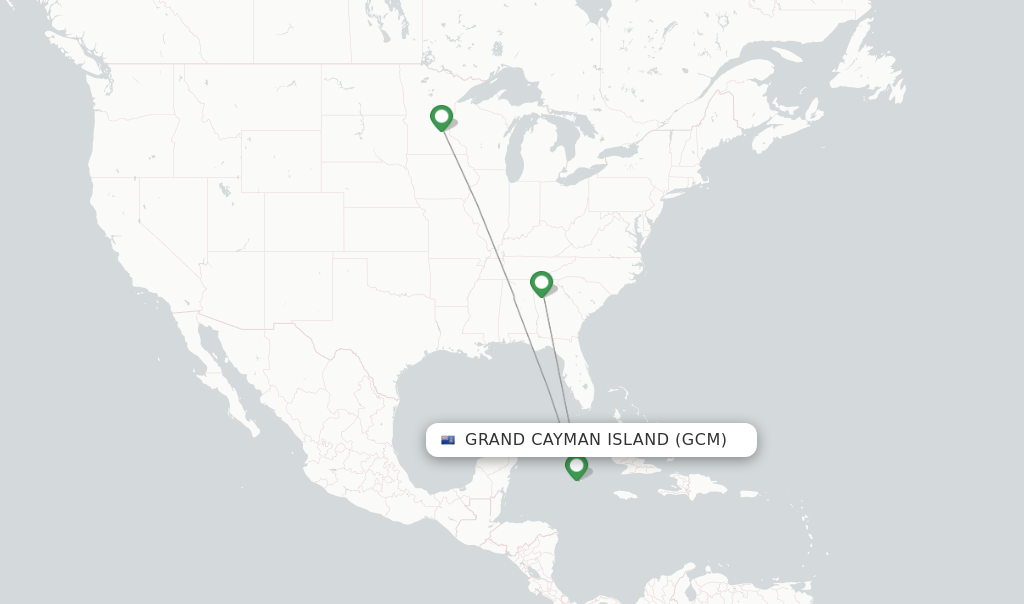 Route map with flights from Grand Cayman Island with Delta
