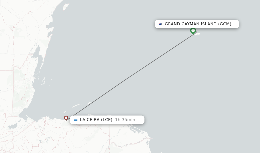 Flights from Grand Cayman Island to La Ceiba route map