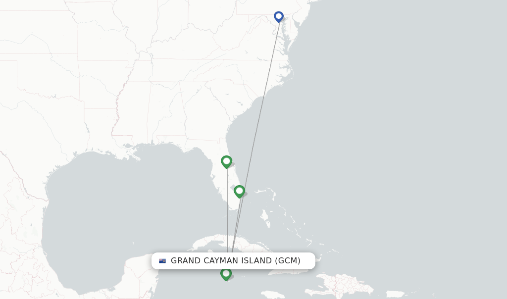 Route map with flights from Grand Cayman Island with Southwest