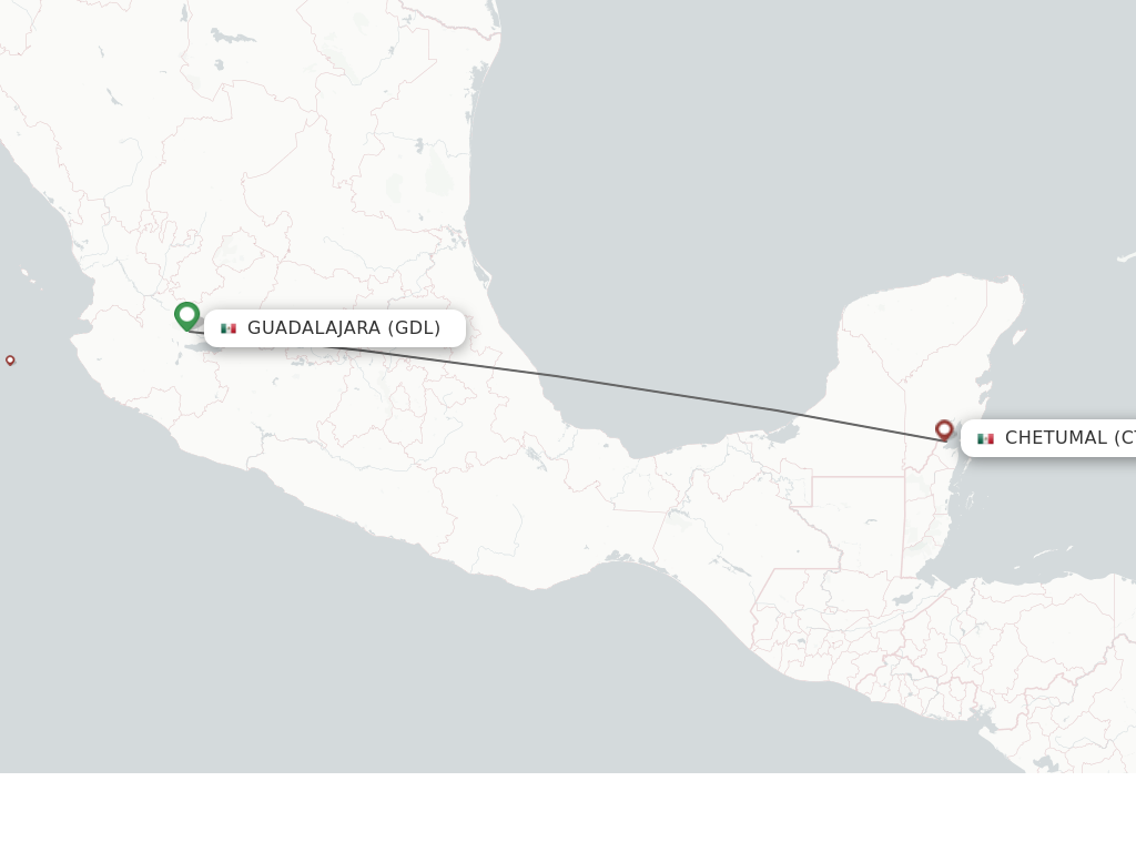 Flights from Guadalajara to Chetumal route map