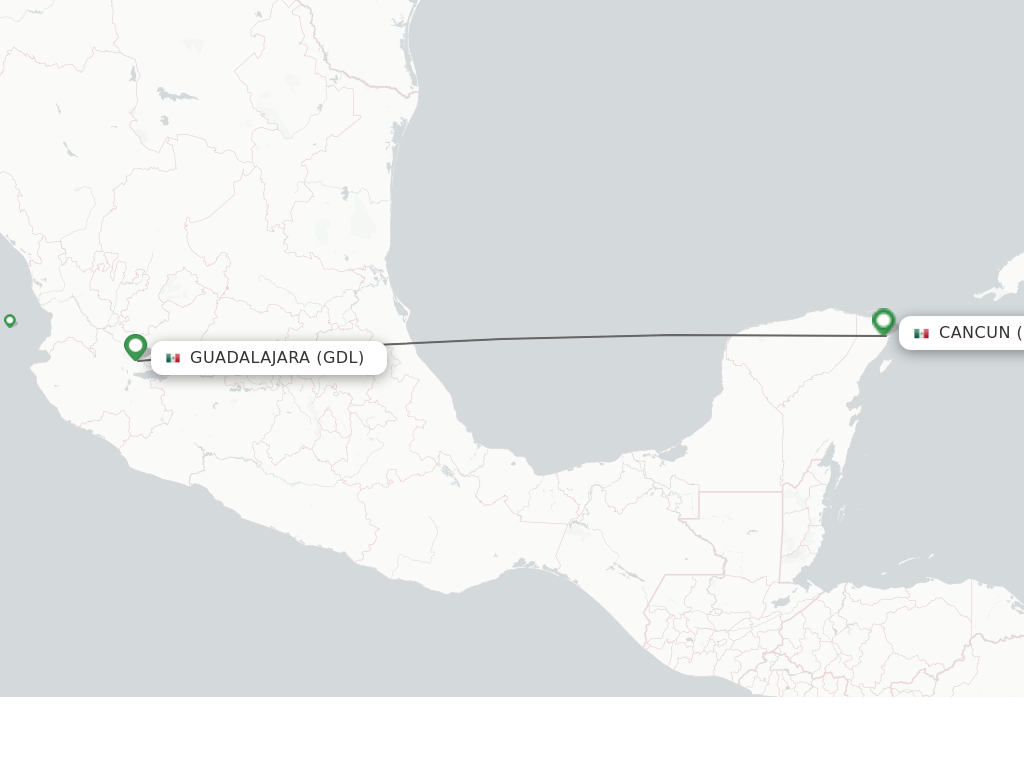 Flights from Guadalajara to Cancun route map