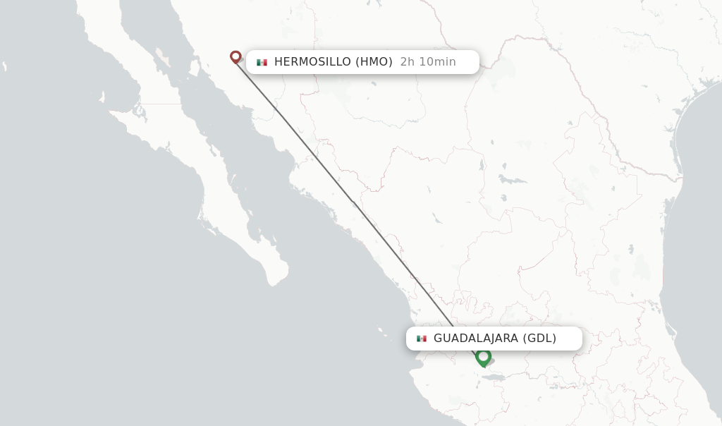 Flights from Guadalajara to Hermosillo route map