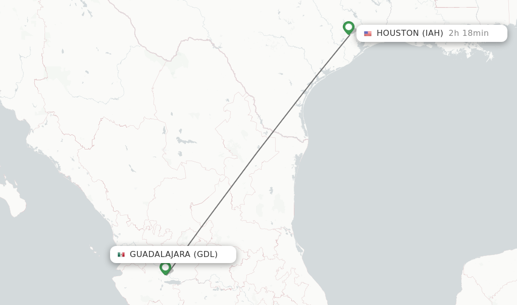 Flights from Guadalajara to Houston route map