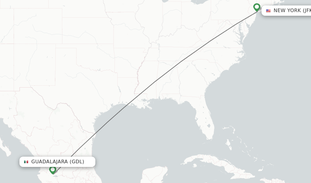 Flights from Guadalajara to New York route map