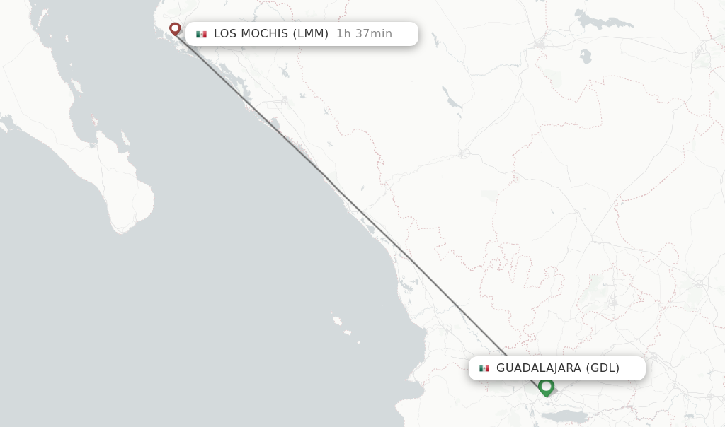 Flights from Guadalajara to Los Mochis route map