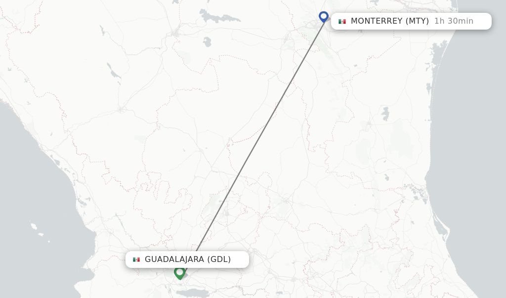 Flights from Guadalajara to Monterrey route map