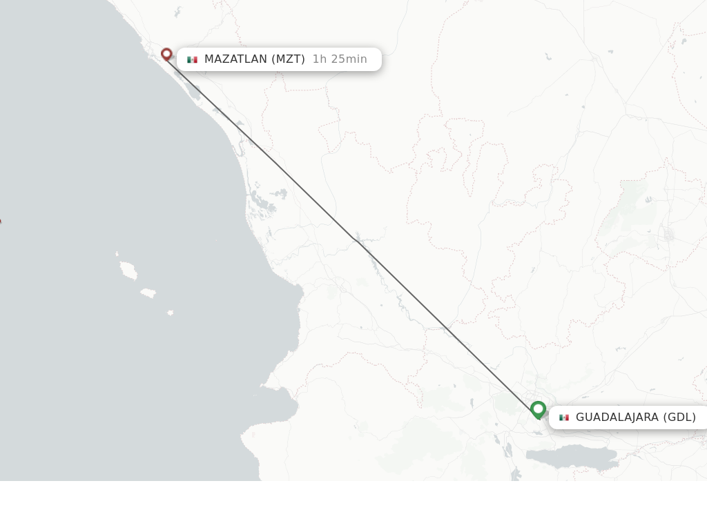 Flights from Mazatlan to Guadalajara route map