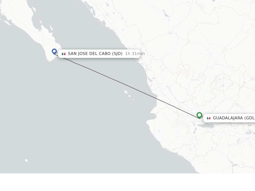 Flights from San Jose Del Cabo to Guadalajara route map