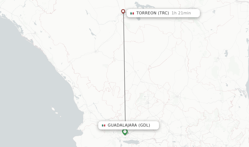 Flights from Guadalajara to Torreon route map