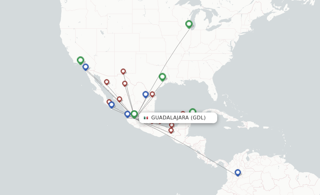 Route map with flights from Guadalajara with VivaAerobus