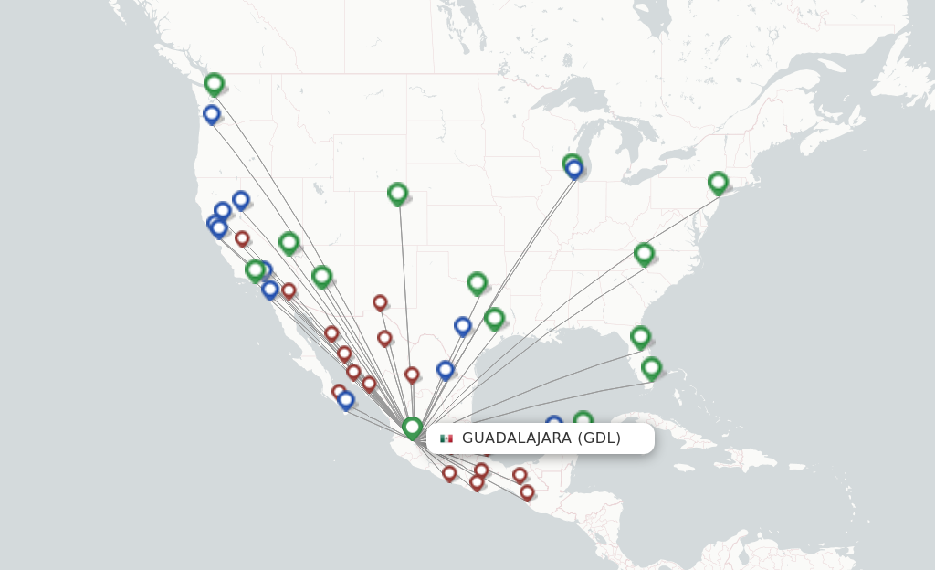 Route map with flights from Guadalajara with Volaris