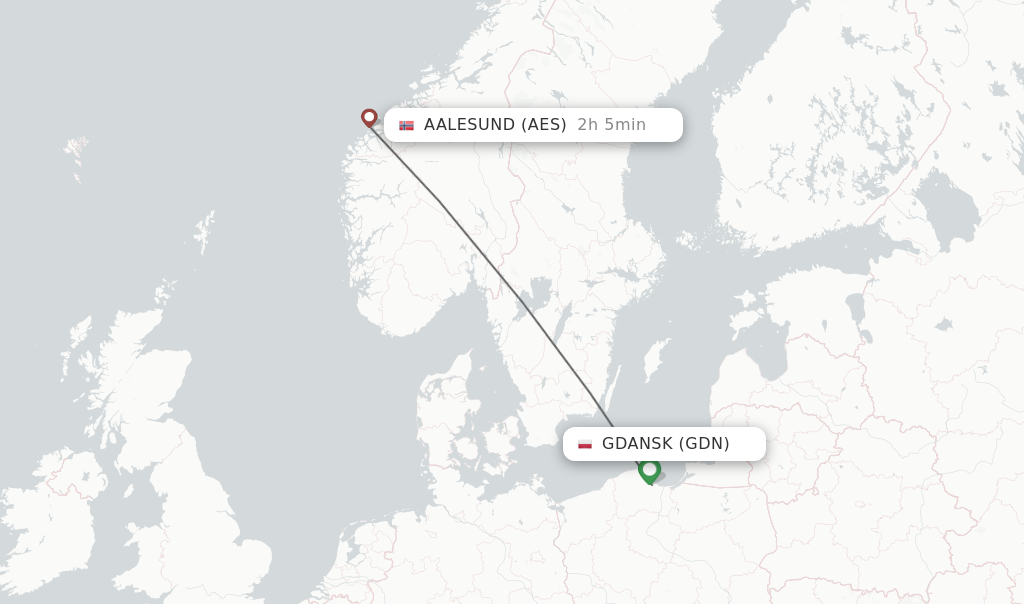 Flights from Gdansk to Aalesund route map