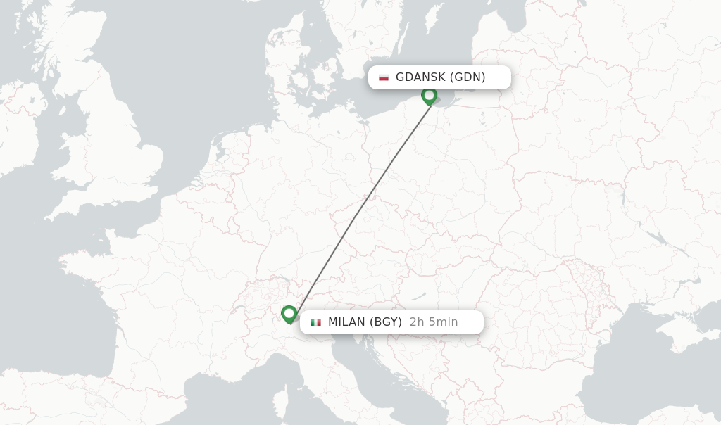 Flights from Gdansk to Milan route map