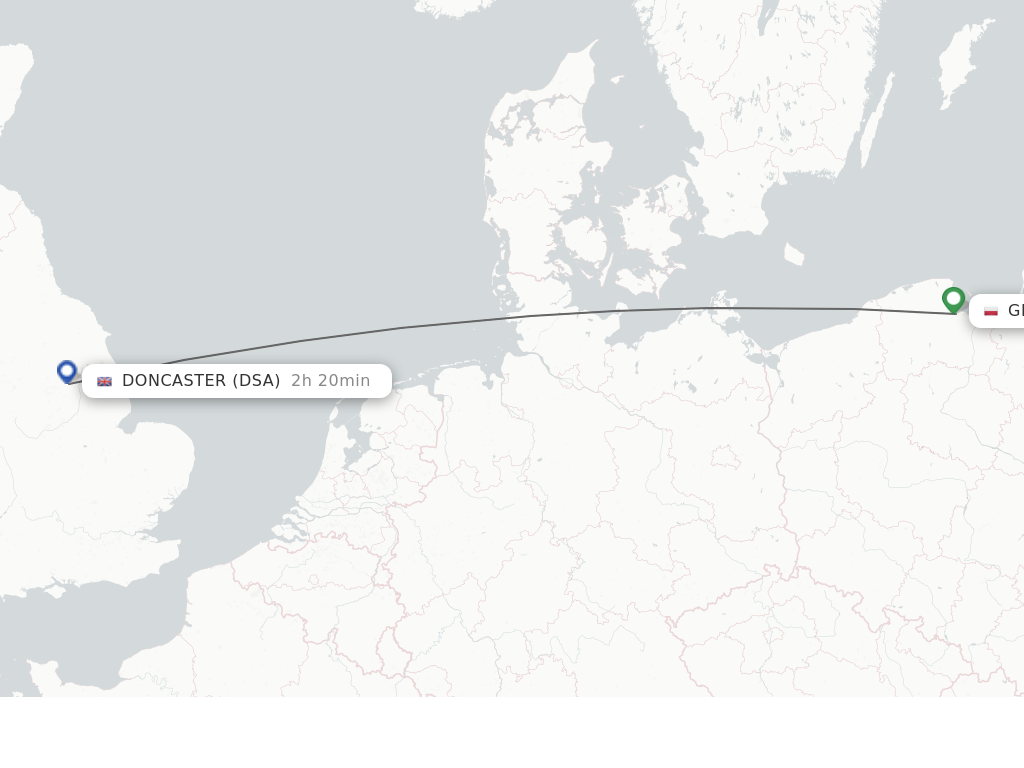 Flights from Gdansk to Doncaster route map