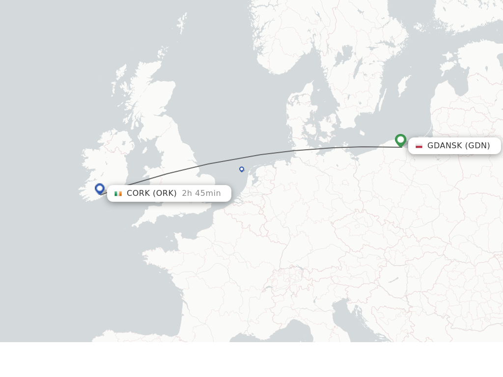 Flights from Gdansk to Cork route map